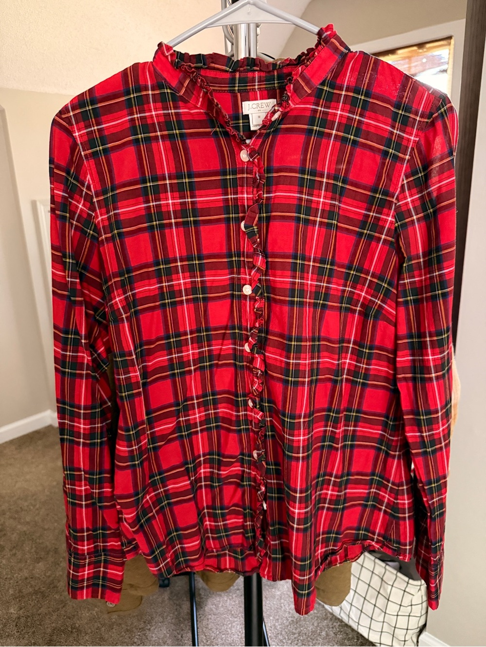 J. Crew Red Plaid Ruffle-Neck Button Shirt